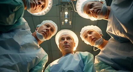A group of surgeons in the operating room: a bottom-up view of adult medical professionals in surgical masks and caps, prepared for surgery.