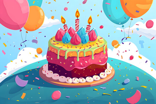 Happy Birthday cake in cartoon style background. 