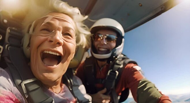 Portrait of a happy senior couple of skydivers in aviator helmet.