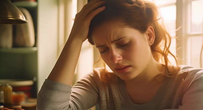 A young Caucasian woman with red hair, holding her head, looks tired or upset. The concept of stress or fatigue.