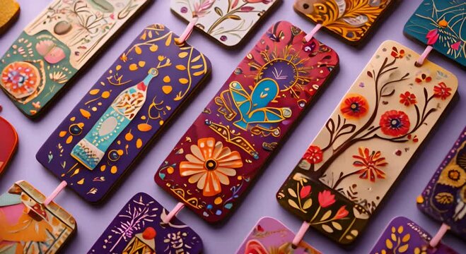 Hand-painted bookmarks in ethnic style, flat lay composition. The concept of handcrafting and cultural art.