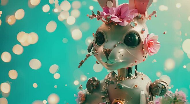 Rabbit robot decorated with flowers and beads on a turquoise background. The concept of creativity and spring renewal.