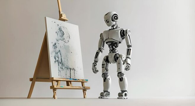 Robot in front of a canvas with abstract painting. The concept of artificial intelligence in art.