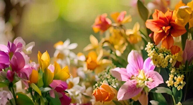 Beautiful bouquet of spring flowers in the garden. Floral background