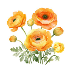 Beautiful Blooming Orange Persian Buttercup Or Ranunculus Flower Botanical Watercolor Painting Illustration