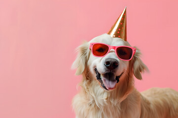 Funny dog celebrating with happy birthday sunglasses and hat on background.