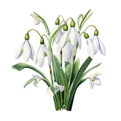 Multiple White Snowdrop Flowers Botanical Watercolor Painting Illustration