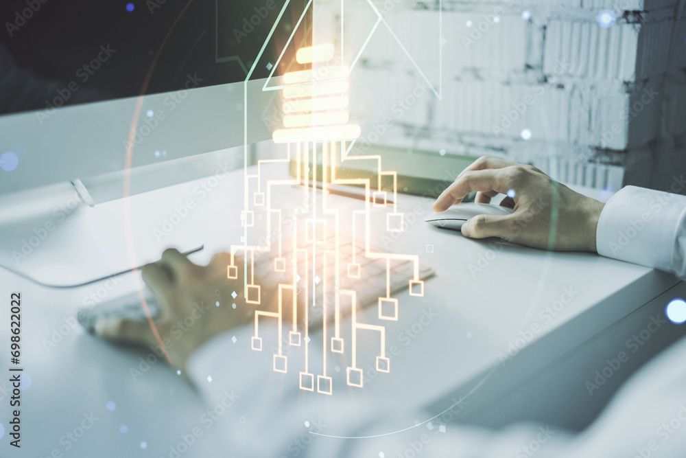 Fototapete creative light bulb with chip hologram and hands typing on computer keyboard on background, artifici