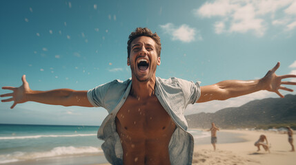 Man with arms outstretched in joy on a sunny beach with people in the background.