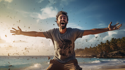 Man with arms outstretched in joy on a sunny beach with people in the background. - Powered by Adobe