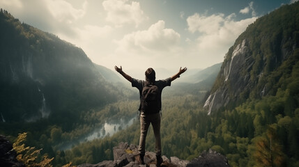 Obraz premium Man with backpack raising arms in joy amidst misty mountains, expressing freedom and adventure.