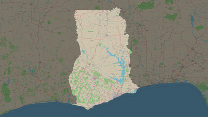 Ghana highlighted. Topographic Map