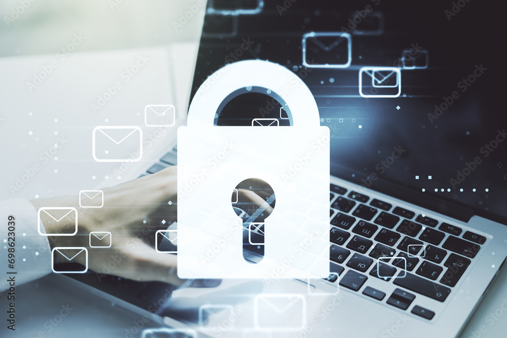 Poster Creative lock sketch with email symbols hologram and hands typing on computer keyboard on background, protection of personal data concept. Multiexposure