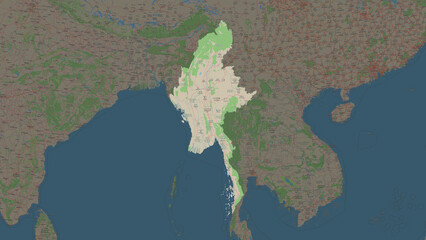 Myanmar highlighted. Topographic Map