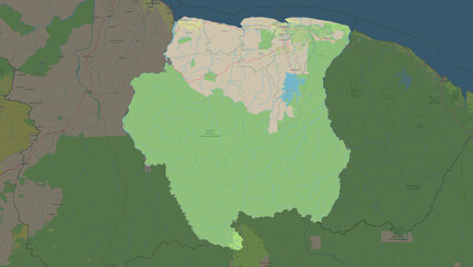 Suriname highlighted. Topographic Map