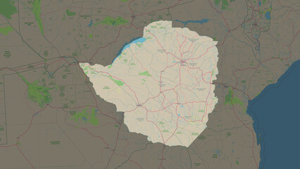 Zimbabwe highlighted. Topographic Map