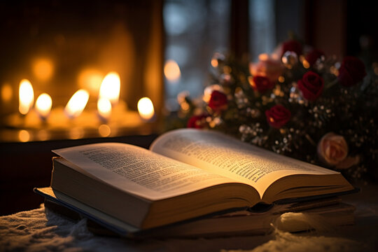 book and candle in winter. open book in the house in winter. generative ai