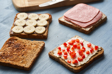 Various breakfast or brunch sandwiches