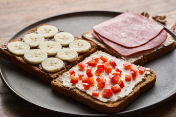 Various breakfast or brunch sandwiches