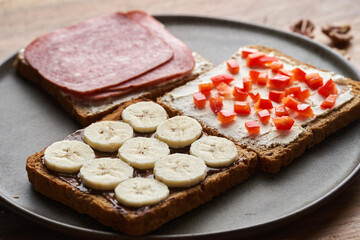 Various breakfast or brunch sandwiches