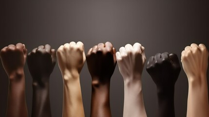 Raised fist of different skin colors, Fight against racism and racial discrimination, Promotion of Equality diversity inclusion affirmative action