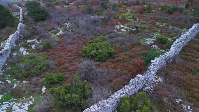 Trap to hunt wolves (Canis lupus), called the Lobera de Barr&oacute;n in the Sierra de Arcamo. Aerial view from a drone. Artaza. Alava. Basque Country. Spain. Europe