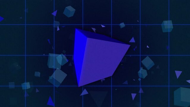 Blue geometrical neon spinning 3d cube with digital particle background, 3d graphic wallpaper animation