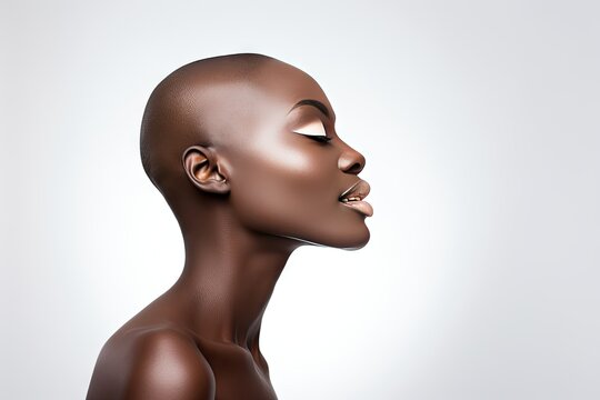 Bald Beauty black woman with Flawless Skin in Profile View