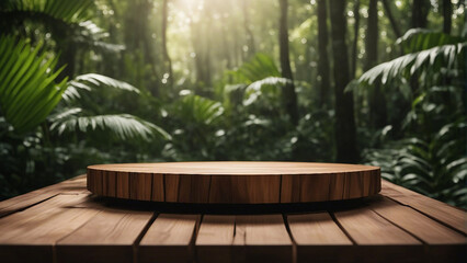 Fototapeta premium Wooden podium in tropical forest for product presentation generated by AI