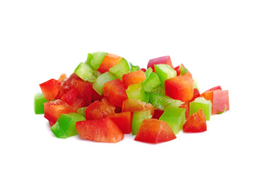Diced red and green pepper isolated on white background,Top view