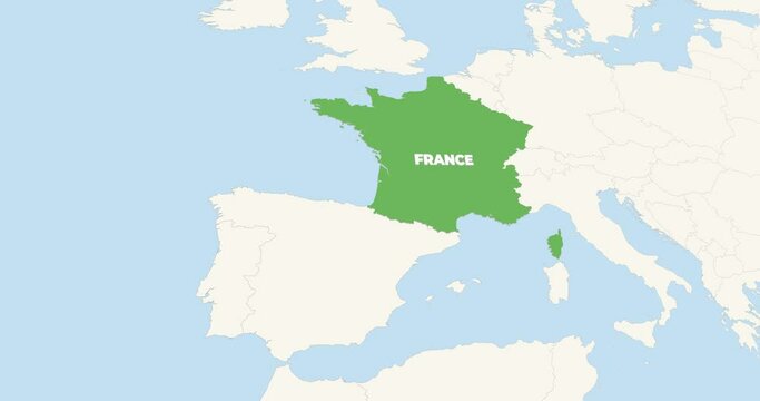 World Map Zoom In To France. Animation in 4K Video. Green France Territory On Blue and White World Map
