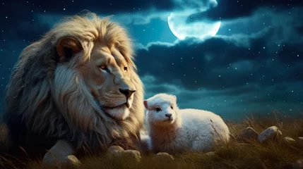 Foto op Aluminium lion and lamb lying together, bible and christianity symbol of peace and paradise  © goami