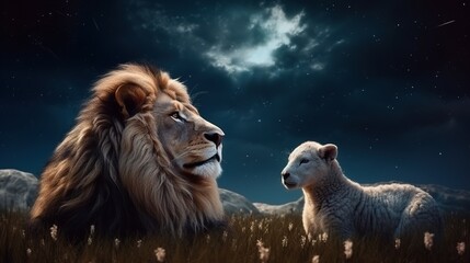 lion and lamb lying together, bible and christianity symbol of peace and paradise  - obrazy, fototapety, plakaty