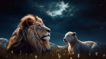 Fotobehang lion and lamb lying together, bible and christianity symbol of peace and paradise  © goami
