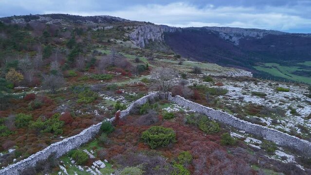 Trap to hunt wolves (Canis lupus), called the Lobera de Barr&oacute;n in the Sierra de Arcamo. Aerial view from a drone. Artaza. Alava. Basque Country. Spain. Europe