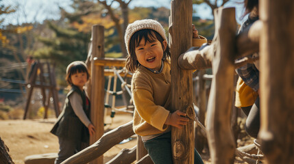 日本の幼稚園児・保育園児2人が長袖の冬服で木の大型遊具の上で遊んで笑っている写真、幼児教育 - obrazy, fototapety, plakaty