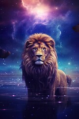 magic fantasy portrait of lion sitting in open space with stars and nebulas, king of nature in colorful cosmos