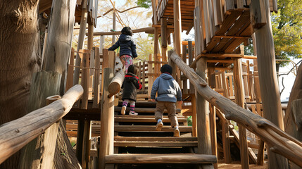 木でできた大型遊具の階段を登っていく子どもの後ろ姿