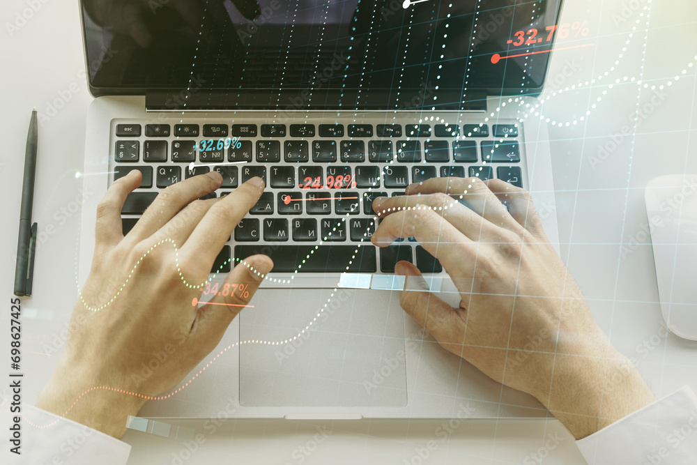 Poster abstract creative analytics data spreadsheet with hands typing on laptop on background, analytics an