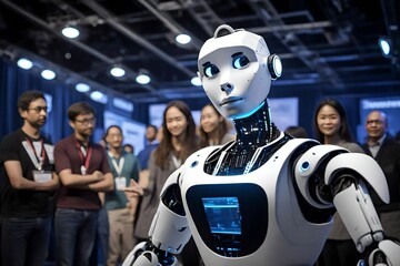 robot with working man and women in office  