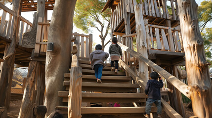 木でできた大型遊具の階段を登っていく子どもの後ろ姿