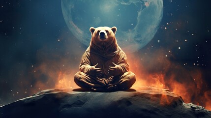 calm and tranquil bear meditating in lotus pose at open space with stars and nebulas background, harmony and zen balance concept - obrazy, fototapety, plakaty