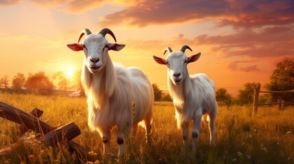 herd of cute goat in farm field at sunset, farmland animals - obrazy, fototapety, plakaty