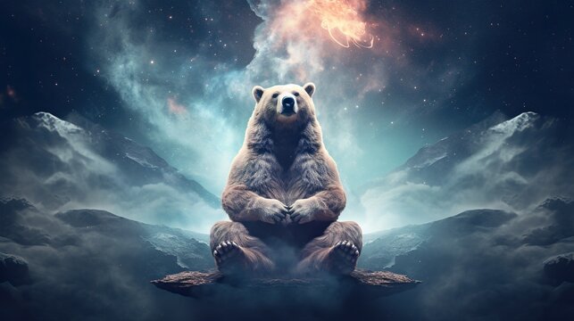 Calm And Tranquil Bear Meditating In Lotus Pose At Open Space With Stars And Nebulas Background, Harmony And Zen Balance Concept