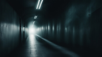 AI generated. Illustration. Dark long corridor. Illuminated underground tunnel. Light in end of tunnel. Abstract background.