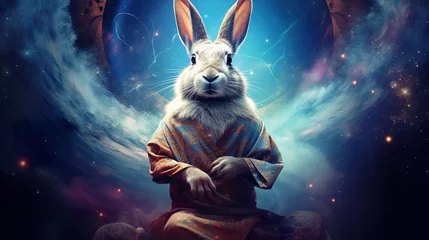 Keuken spatwand met foto illustration of funny animal meditating, rabbit practicing yoga in calm and tranquil meditation © goami