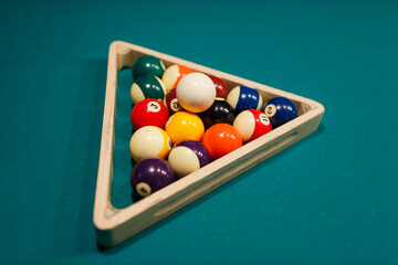 Billiard accessories balls and pyramid on a billiard table