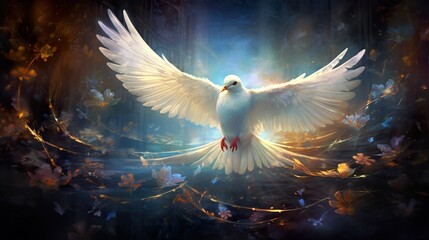 white gorgeous dove of peace fly in beautiful heaven, amazing flying pigeon in rays of light - obrazy, fototapety, plakaty