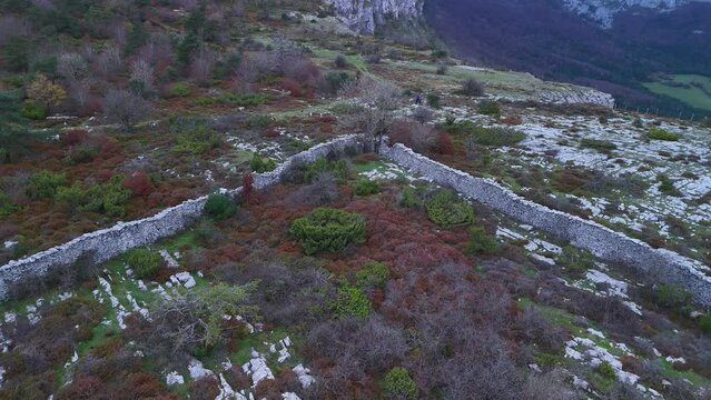 Trap to hunt wolves (Canis lupus), called the Lobera de Barr&oacute;n in the Sierra de Arcamo. Aerial view from a drone. Artaza. Alava. Basque Country. Spain. Europe