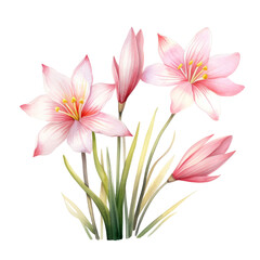 Soft Pink Rain Lily Or Zephyranthes Flower Botanical Watercolor Painting Illustration